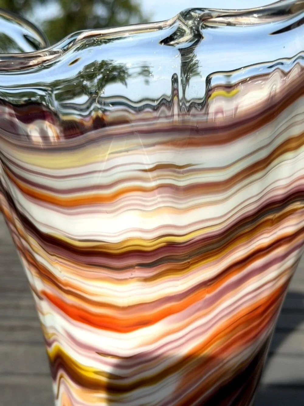 Vintage Murano Style Hand Blown Multicolor Art Glass Ruffled Vase 13.5